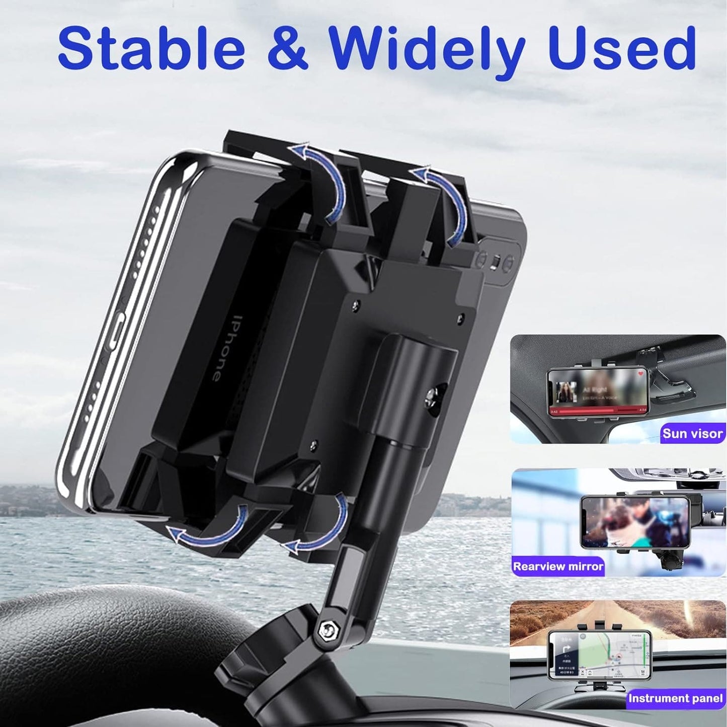 Dashboard Mobile Holder, Universal Phone Suction Bracket, 360 Adjustable Rotating Mount Holder, Multipurpose Cell Phone Stand, 360 Degree Rotating GPS Navigation Bracket, Car Dashboard Rear View Mirror with 360° Spring Clip