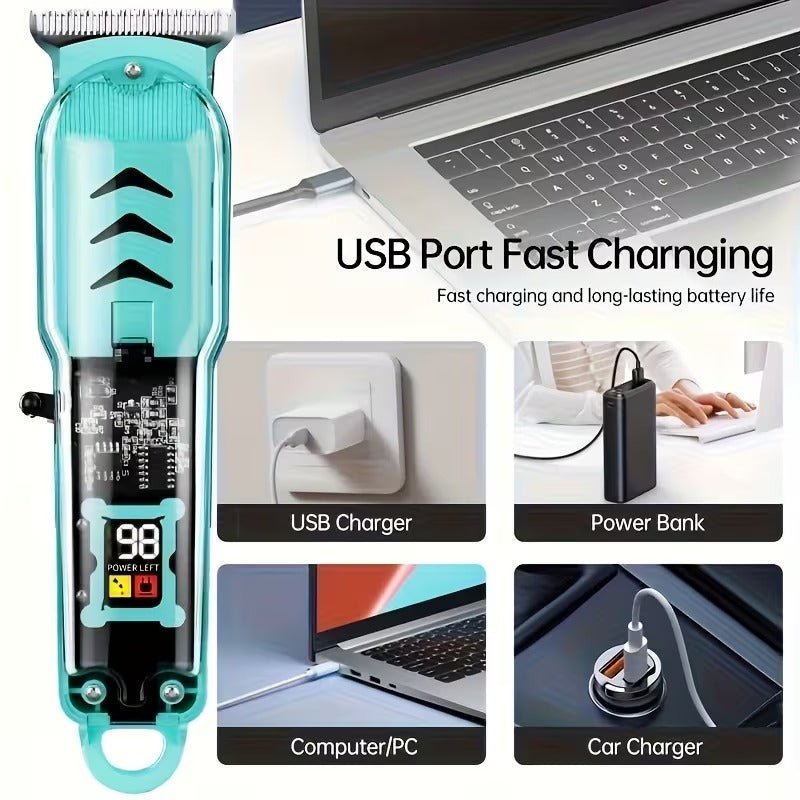 Professional Wireless Rechargeable Hair Clipper Trimmer With Transparent Cover LED Display